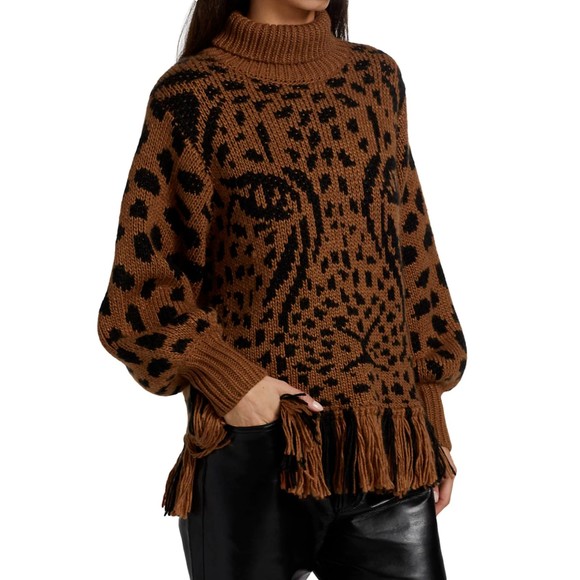 Farm Rio Leopard Fringe Sweater S Turtleneck Pullover Brown Black Knit Wool New - Picture 3 of 11